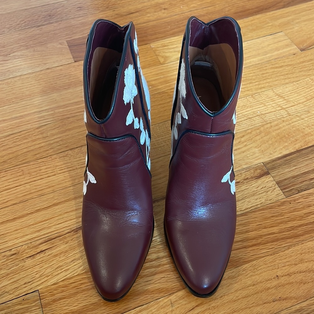 Kate Spade Burgundy Leather Ankle Boots with White Floral Embroidery - Picture 8 of 16